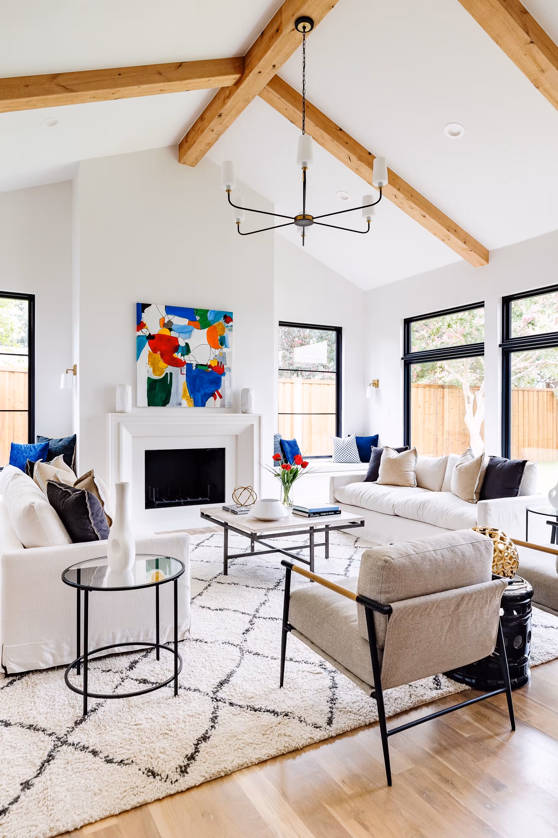 Modern fireplace mantel mounted on brick wall