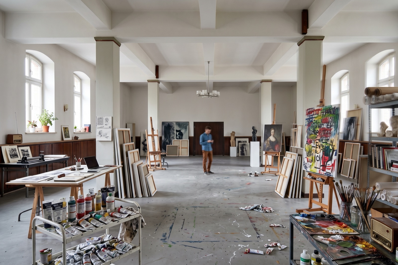 Der Raum als Künstleratelier: Staffeleien, Leinwände und Farben zwischen den Säulen, Tageslicht durch die Rundbogenfenster