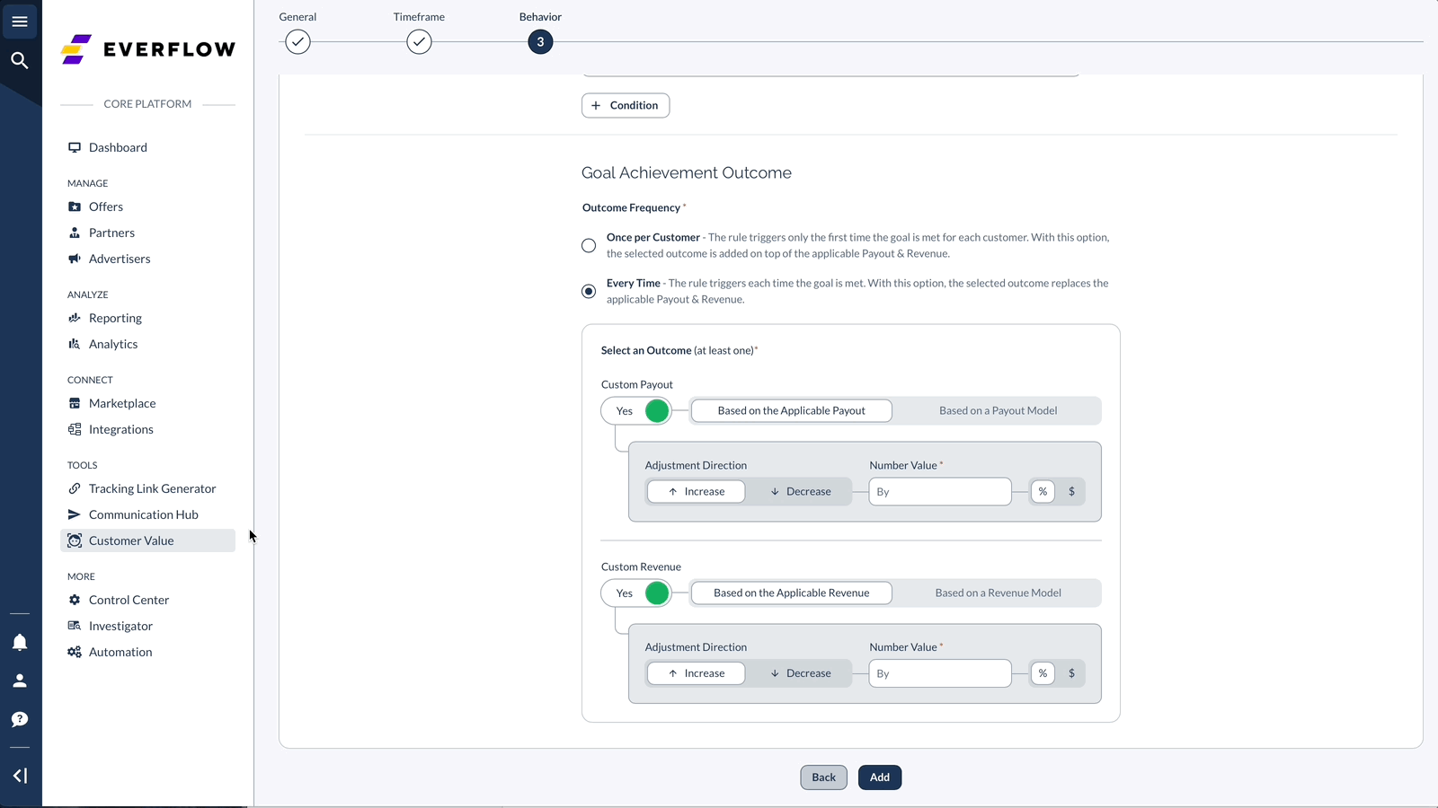 Animated GIF showing the Customer Value rule builder in action.