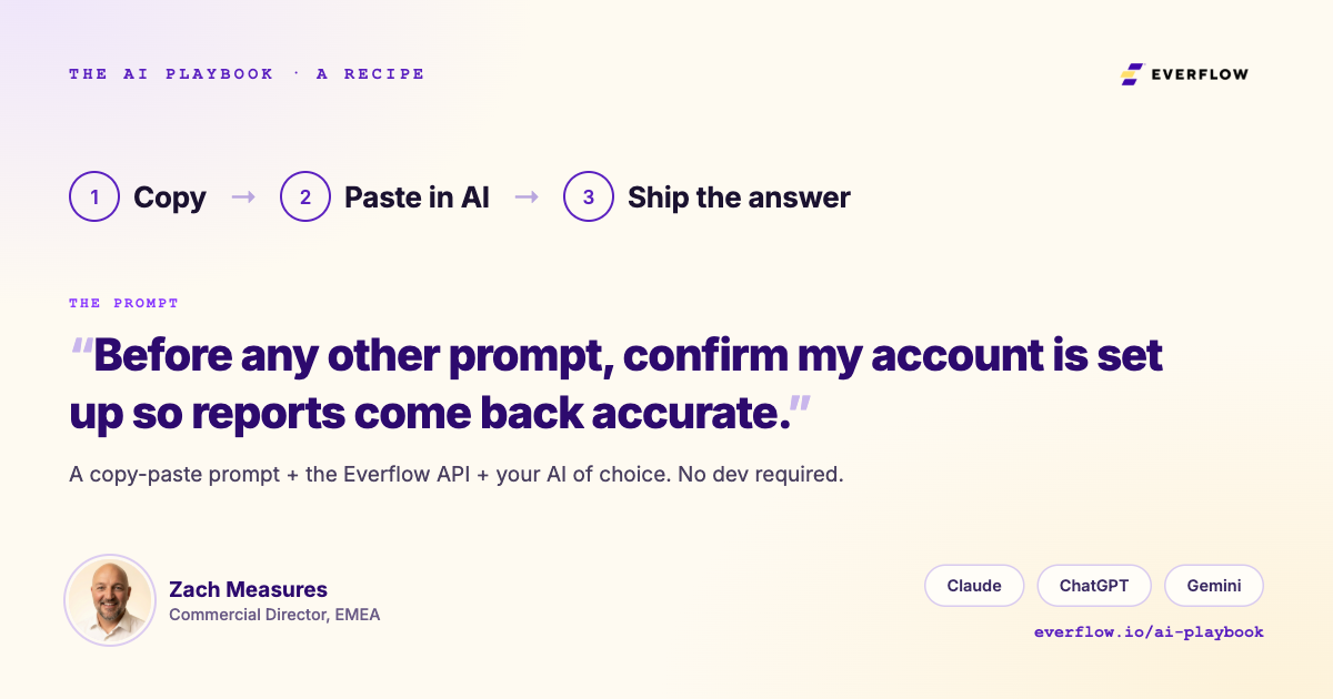 The AI Playbook recipe: copy, paste in AI, ship the answer. The prompt reads, before any other prompt, confirm my account is set up so reports come back accurate. Written by Zach Measures, Commercial Director EMEA. Works with Claude, ChatGPT or Gemini.