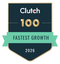 Clutch 100 Fastest Growth 2026 badge with gold and teal design.