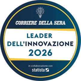 Round badge with text Corriere Della Sera Leader of Innovation 2026 and collaboration with Statista logo.