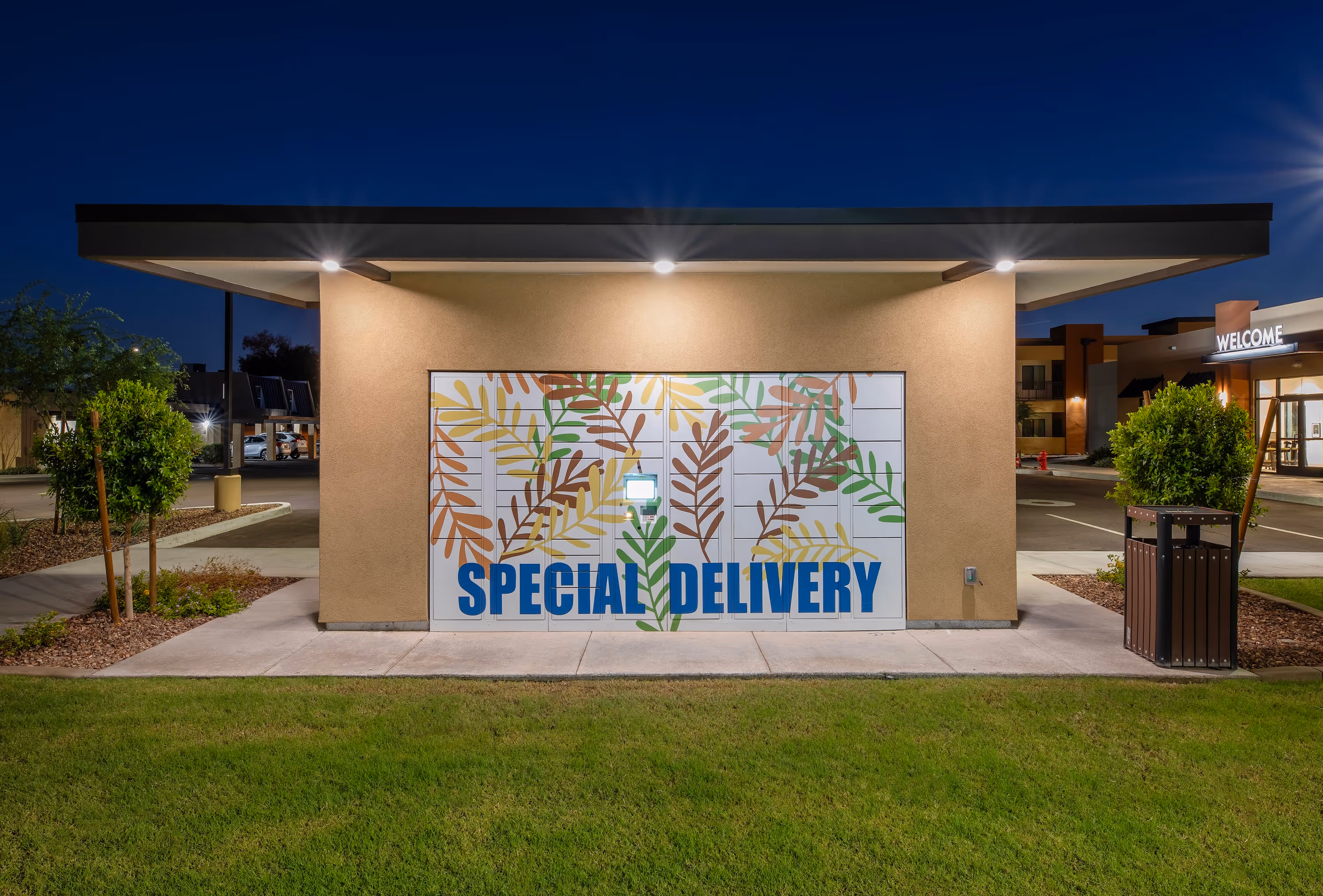 Outdoor package area with mural 