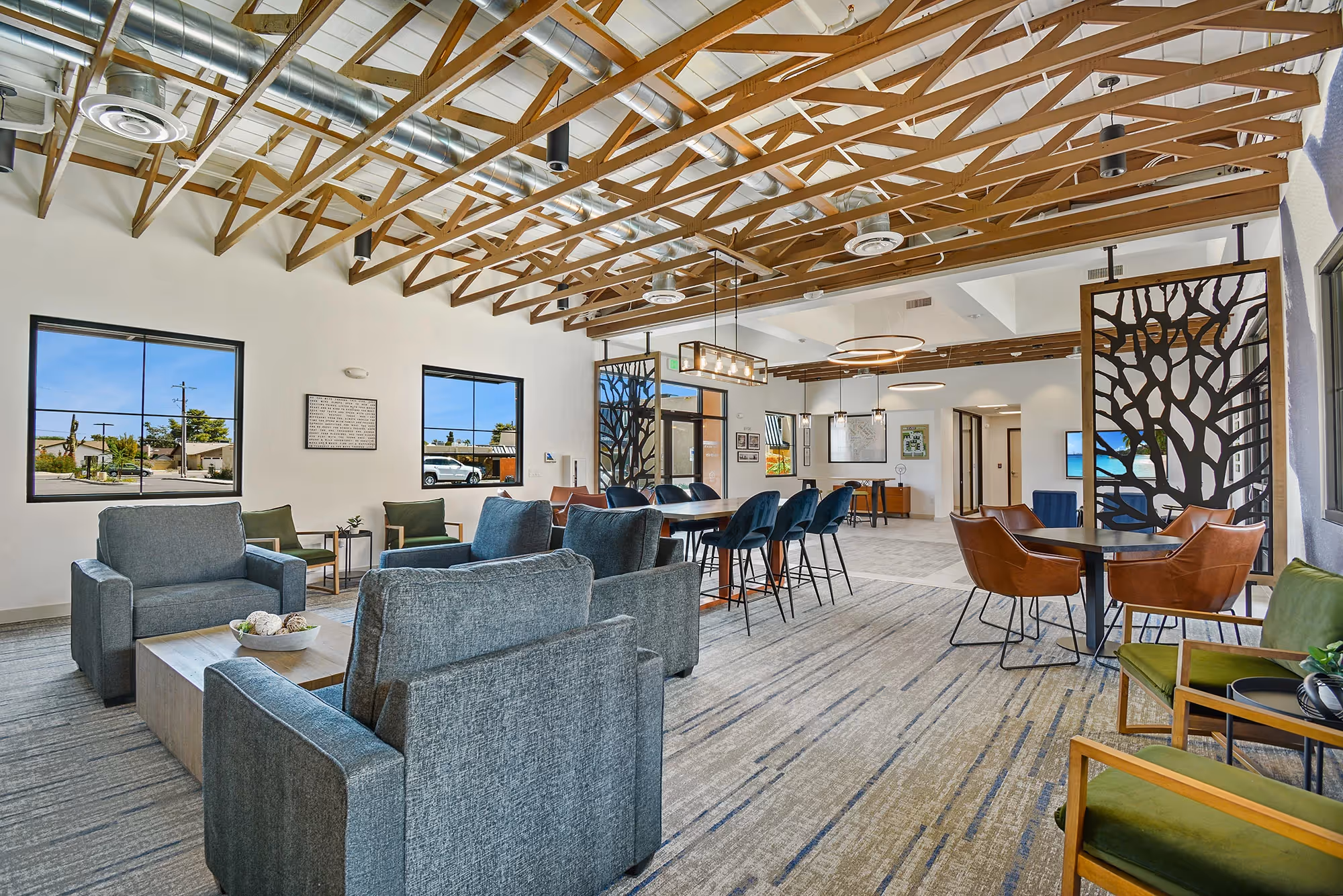 After hours resident lounge with gray furniture