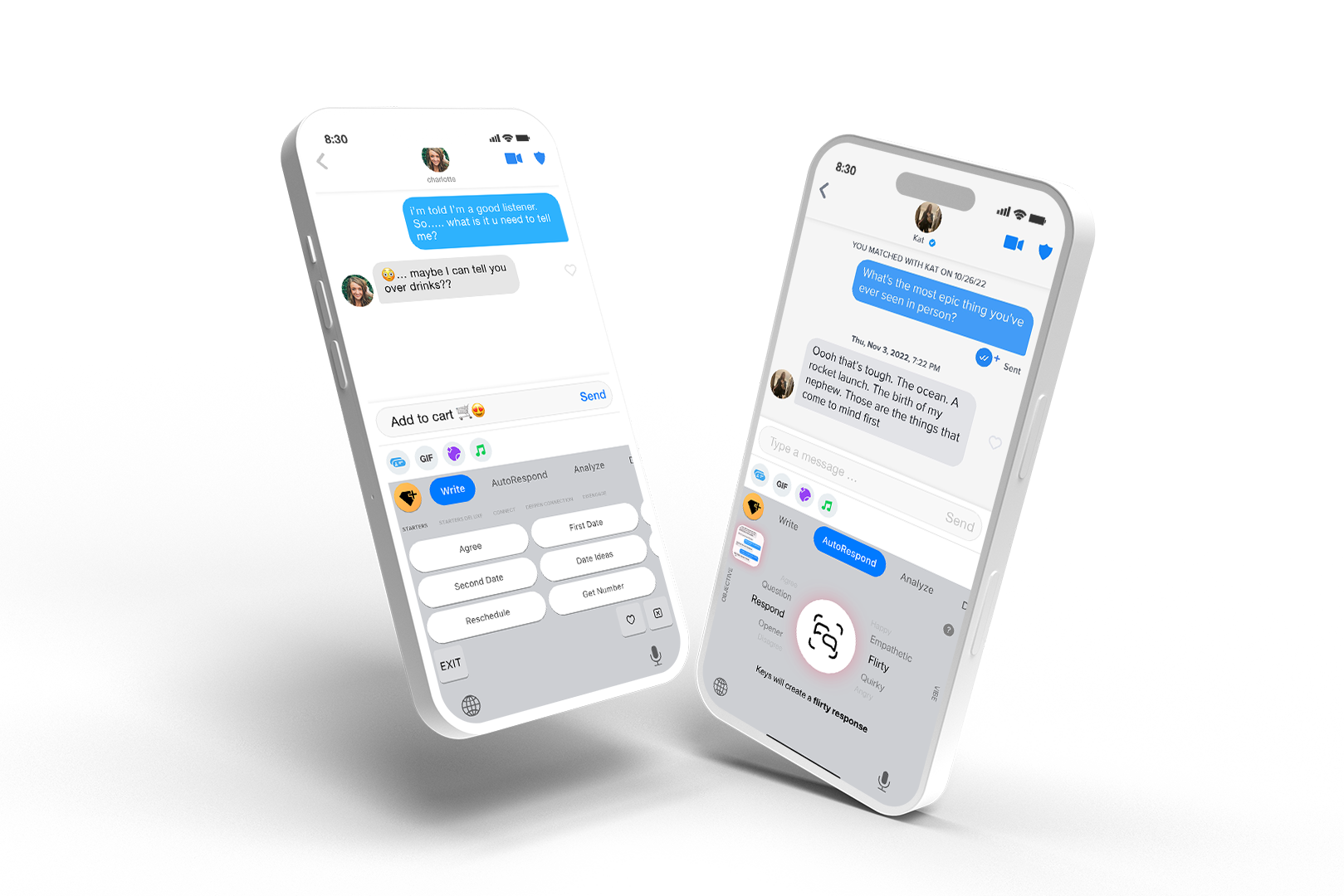 Two phones, one has Keys Pills open and the other has Keys AutoRespond open