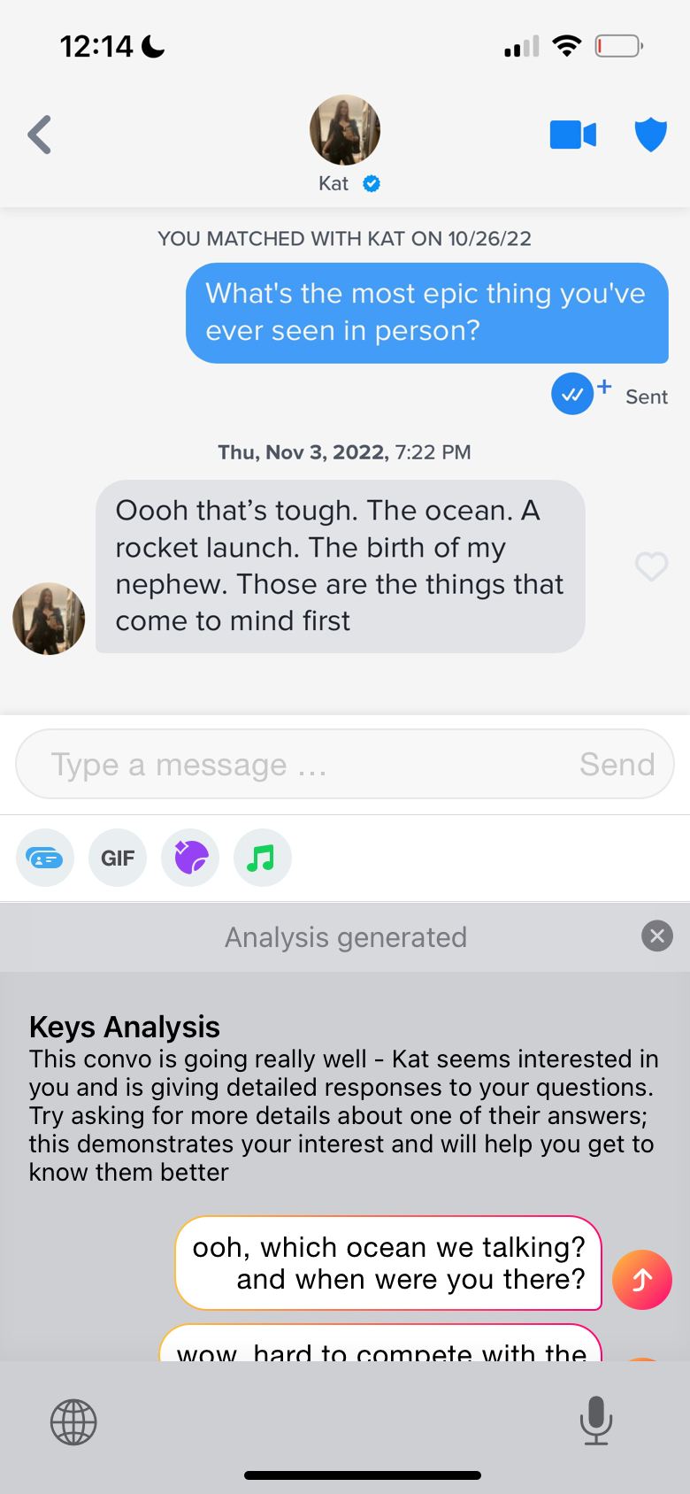 Keys analysis generated about a Tinder conversation