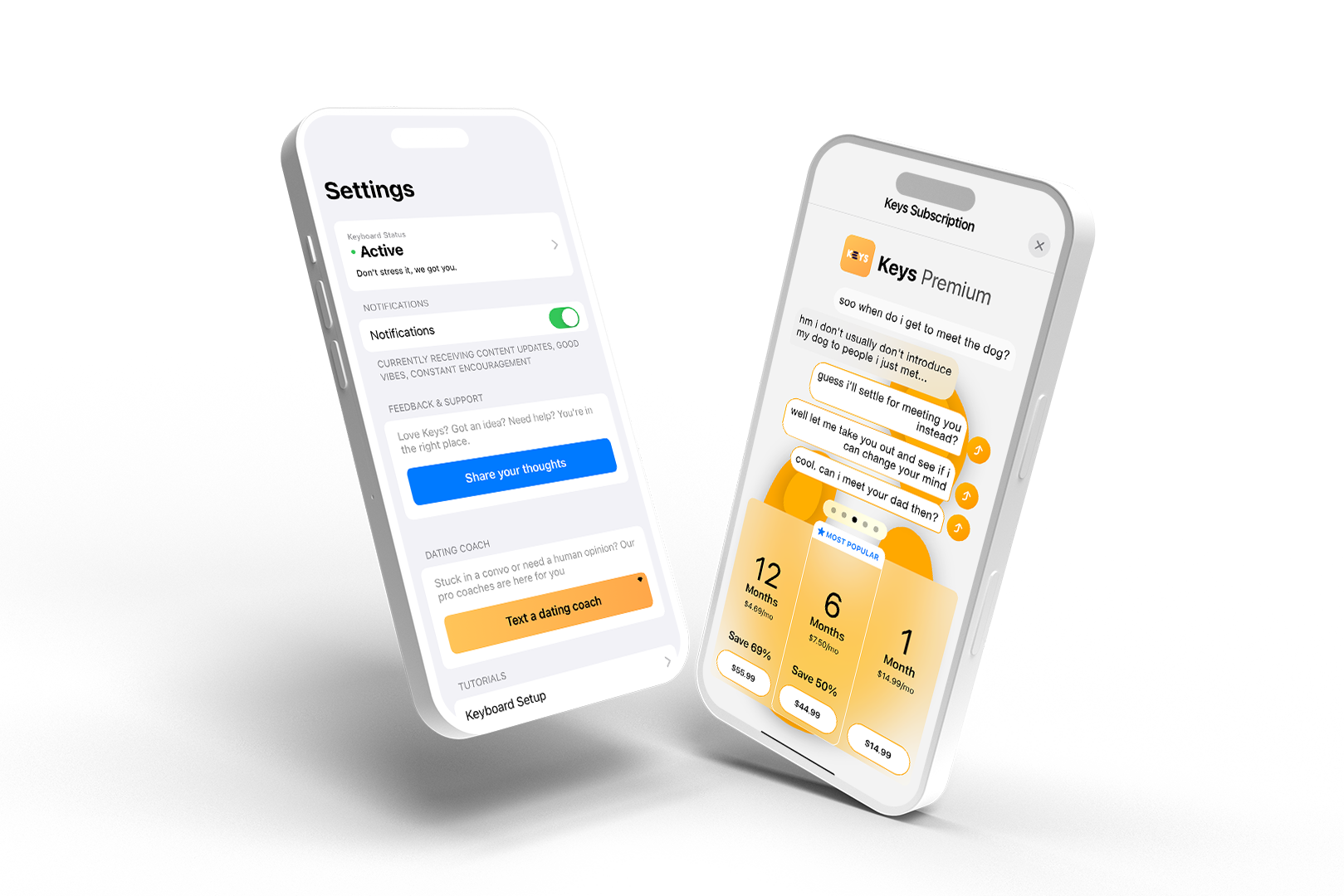 Two phones, one with the Keys home screen and one with the paywall