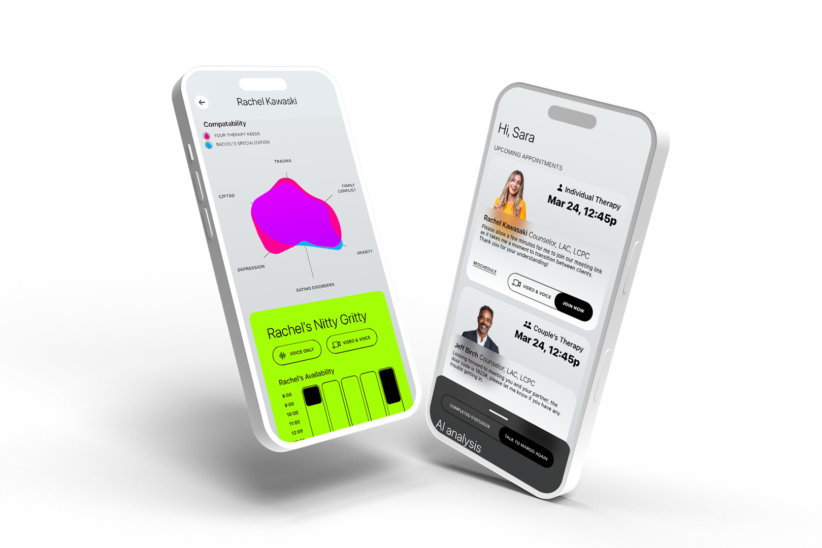 2 iPhones, the left one showing a client profile, the right showing the MargoBlue home screen