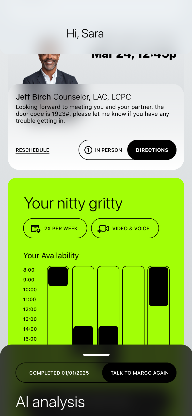 MargoBlue home screen showing upcoming appointments and scheduling information