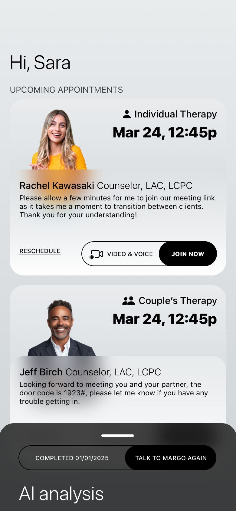 MargoBlue homescreen showing upcoming appointments