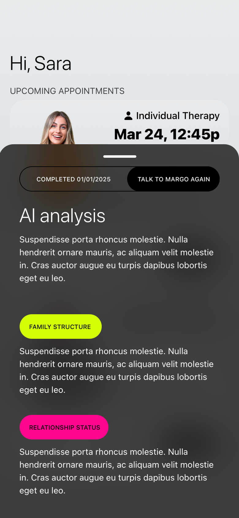 A client profile with AI analysis expanded over the top
