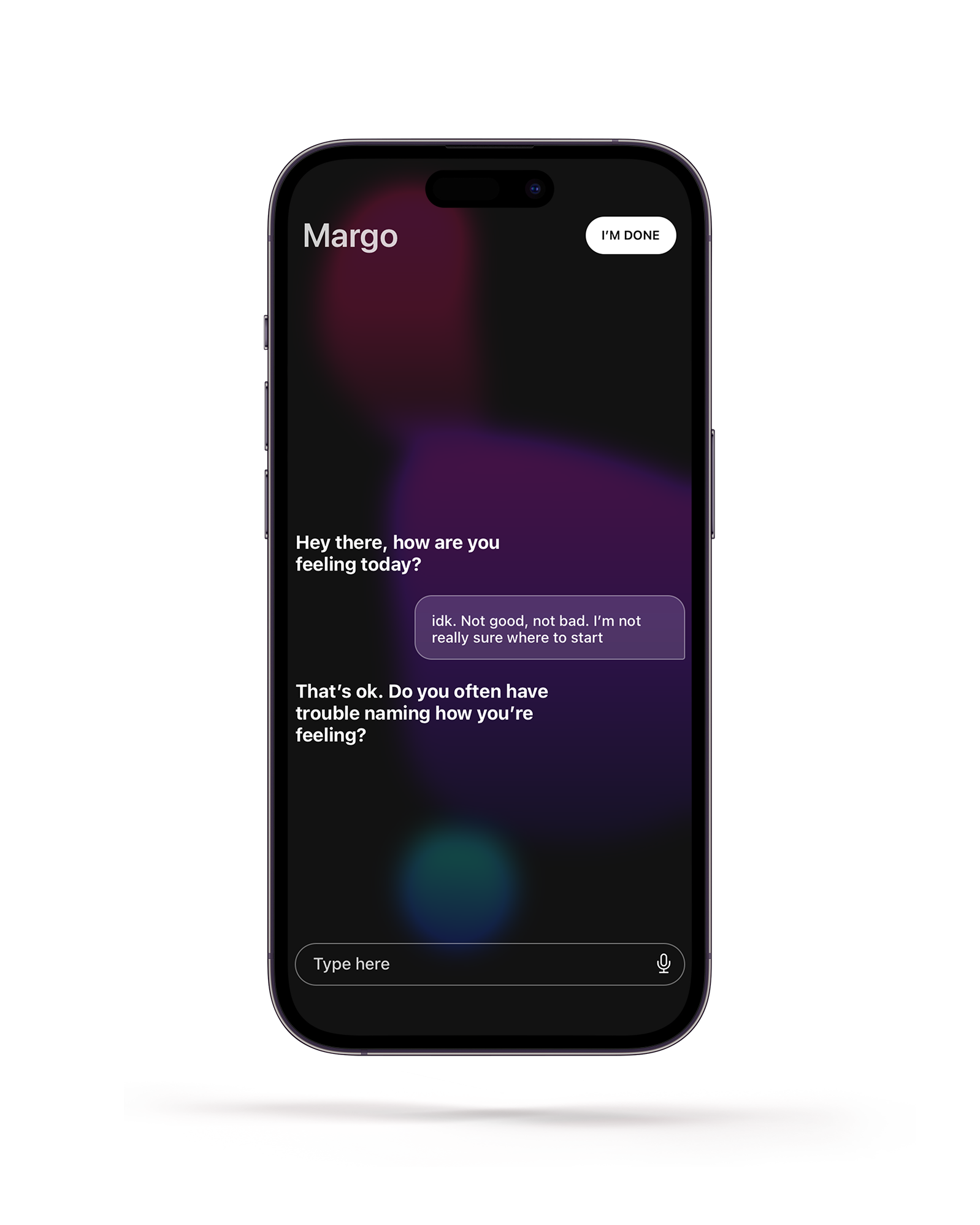 An iPhone with the MargoBlue chat active