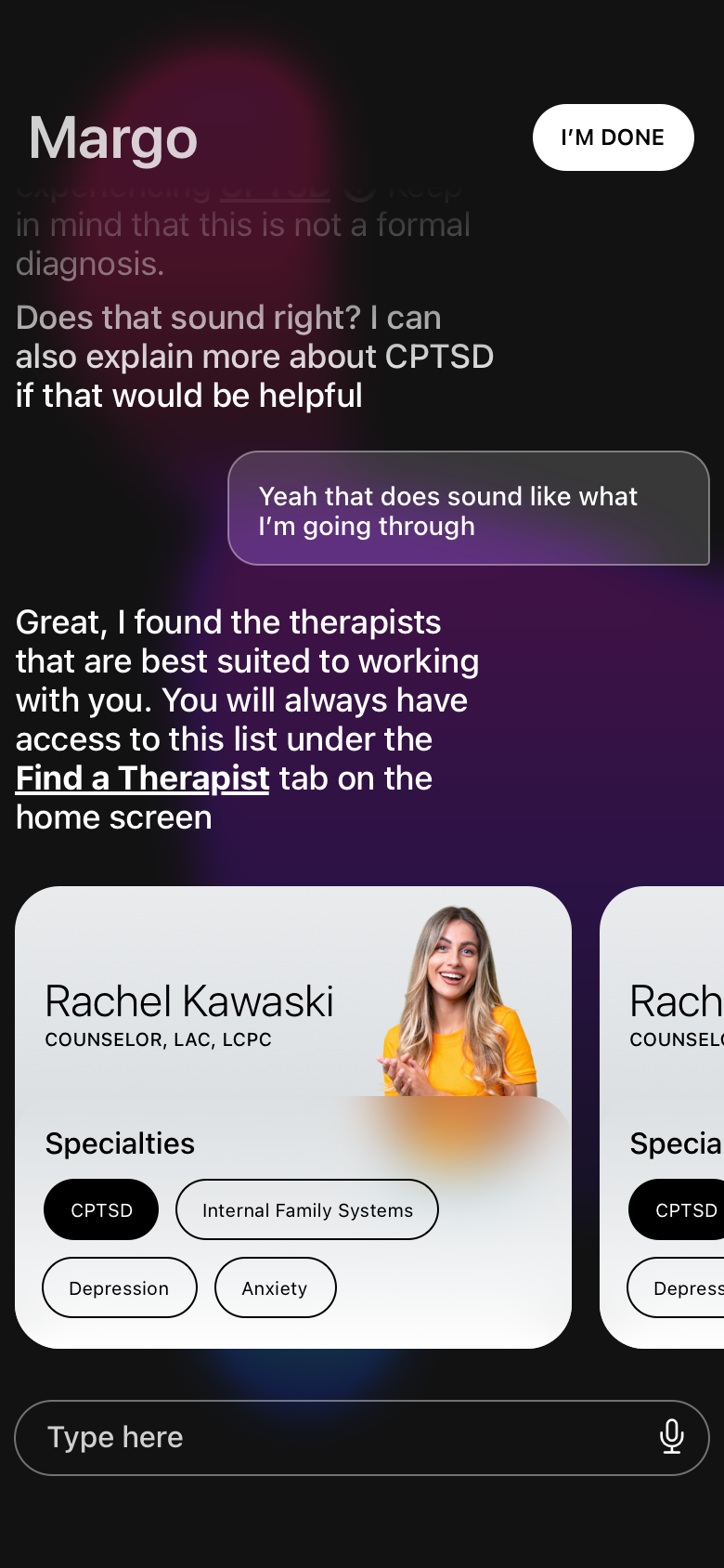The MargoBlue chat which has returned therapist cards after a conversation with it