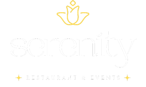 Serenity logo with a minimalist yellow lotus flower above the word 'serenity' and 'Restaurant & Events' below, accented with small yellow star icons.