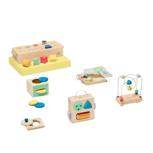 Collection of wooden educational toys and shape sorting activity sets for babies and toddlers.