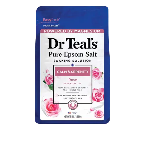 Dr Teal's Pure Epsom Salt soaking solution with rose essential oil in blue packaging.