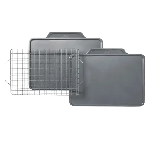 Three gray baking sheets and racks, one with grid pattern, arranged overlapping.