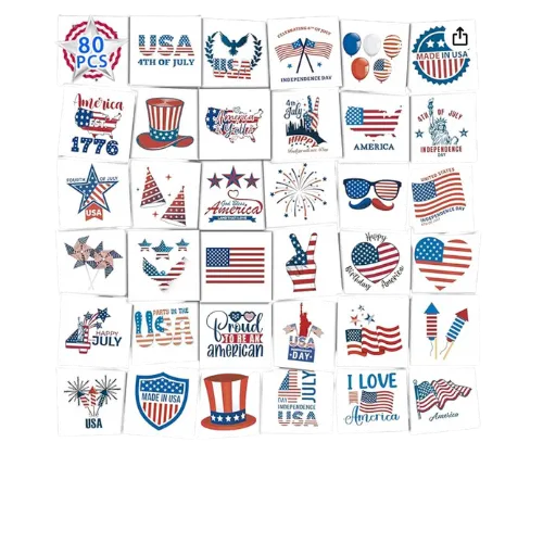 Collection of patriotic Fourth of July and American independence themed decorative stickers and icons.