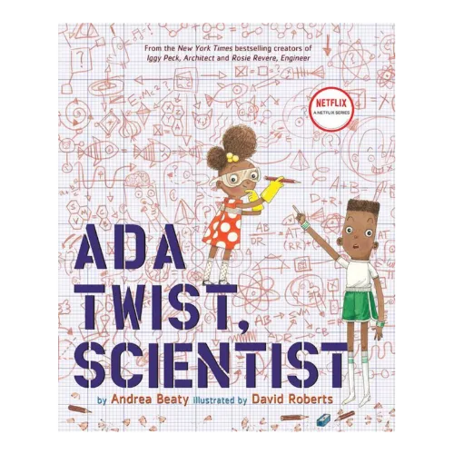 Book cover for "Ada Twist, Scientist" showing cartoon children with scientific design background