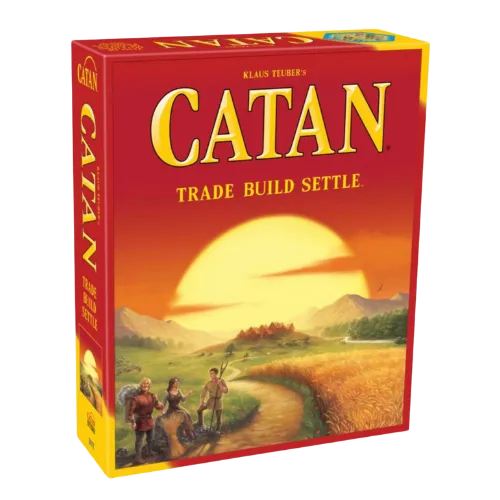 Catan board game box showing scenic landscape with sun and game title.