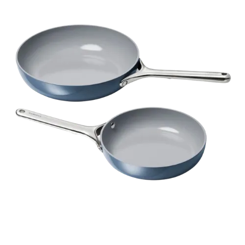 Two blue frying pans with gray non-stick coating and stainless steel handles