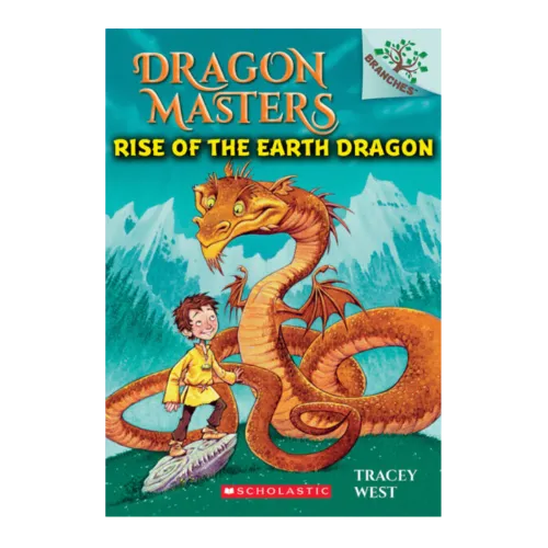 Dragon Masters book cover featuring boy and large orange dragon in mountains