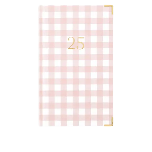 Pink and white gingham checkered journal or notebook with number 25 displayed centrally
