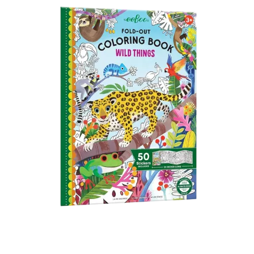Colorful fold-out coloring book featuring wild animals including leopard, chameleon, parrot, and forest creatures.
