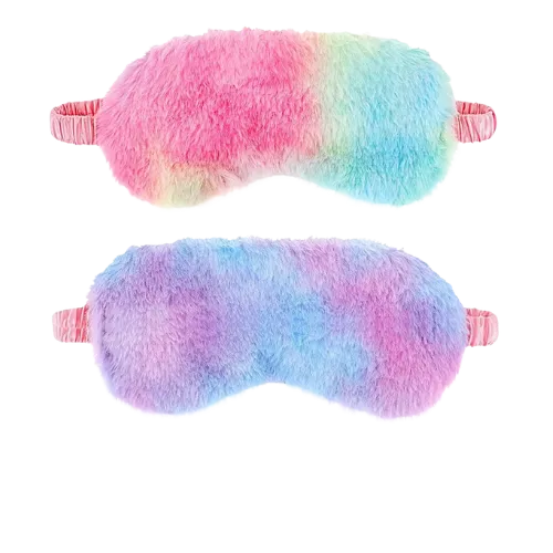 Two colorful fluffy sleep masks with gradient pink, blue, and purple colors