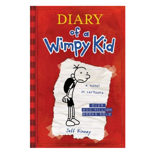 Diary of a Wimpy Kid book cover with red background and cartoon character illustration