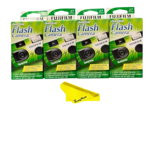 Four Fujifilm QuickSnap Flash disposable cameras with yellow lens cap on white background