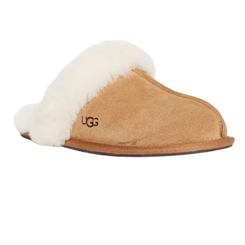 UGG scuff slipper with fluffy white fur lining and tan suede upper