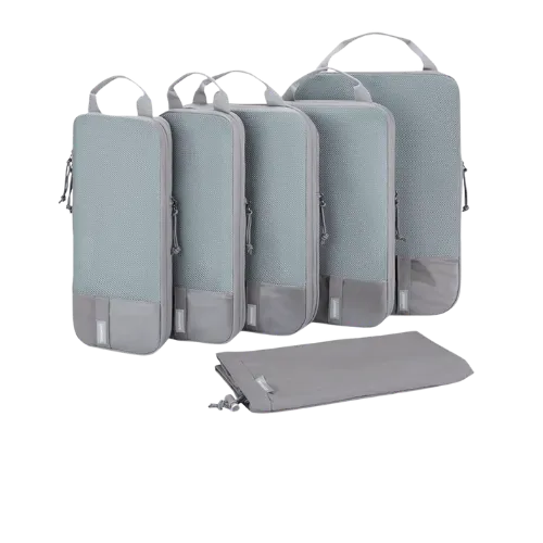 Set of five gray packing cubes with handles for organized luggage storage.