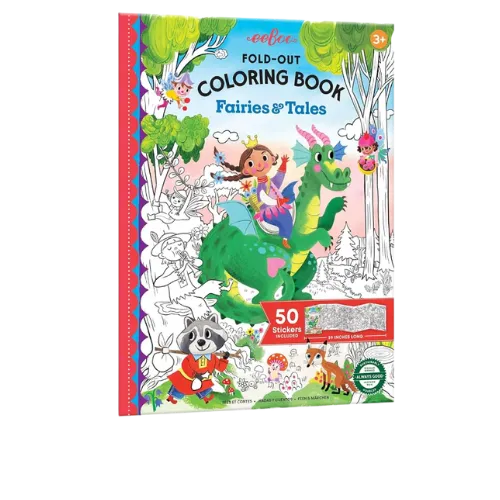 Colorful fold-out coloring book featuring fairies, tales, and magical creatures with fifty pages.