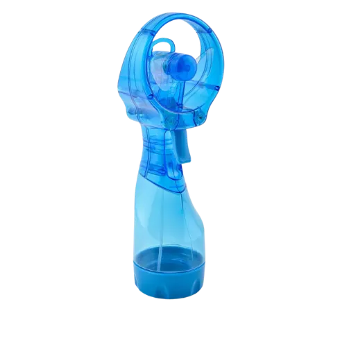 Blue transparent handheld water misting fan with spray bottle base