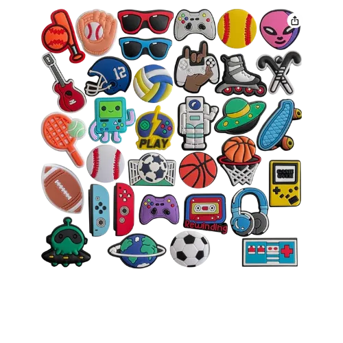Colorful sports and gaming patches including balls, controllers, sunglasses, and retro accessories