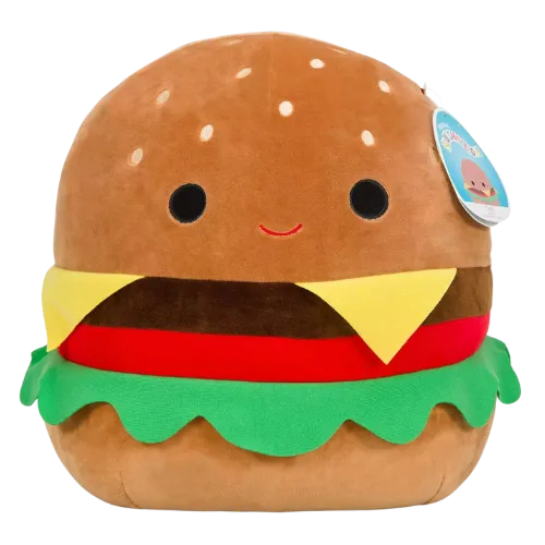 Plush burger toy with smiling face, sesame seeds, and colorful layers