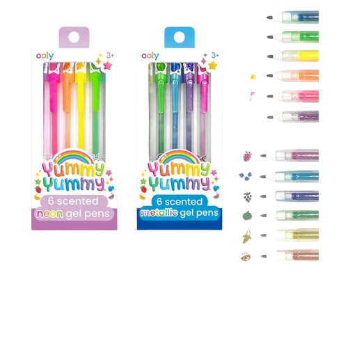 Two packs of Ooly Yummy scented gel pens with colorful neon and metallic colors displayed with swatch chart