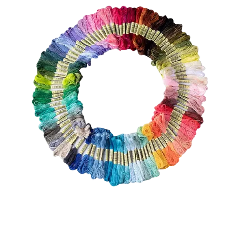 Circular color wheel display of embroidery floss threads in rainbow hues