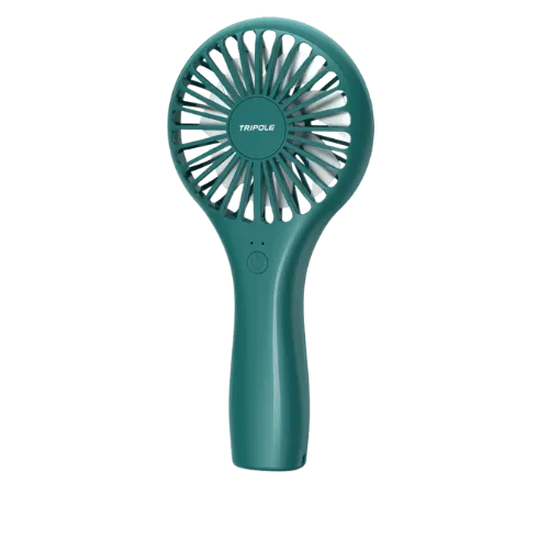 Teal portable handheld fan with circular blade and ergonomic grip handle