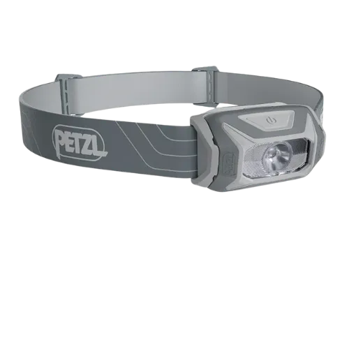 Petzl gray and silver headlamp with elastic headband for hands-free lighting