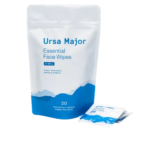 Ursa Major Essential Face Wipes pack with twenty individually wrapped wipes displayed