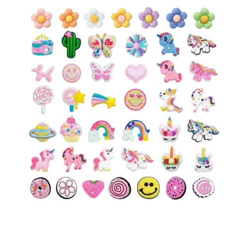 Collection of colorful decorative stickers featuring flowers, unicorns, butterflies, and smiling faces.