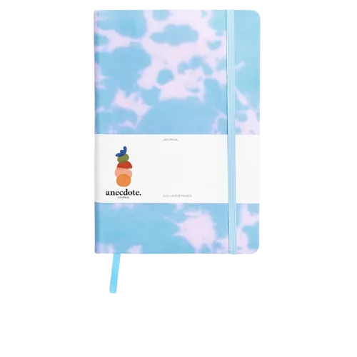 Blue and pink cloud-patterned notebook with anecdote branding and blue ribbon bookmark