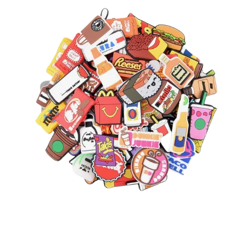 Colorful assortment of fast food and snack brand packaging arranged in circular pile.