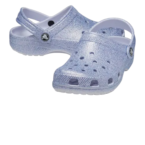 Periwinkle blue glittery Croc-style clog with ventilation holes and strap.