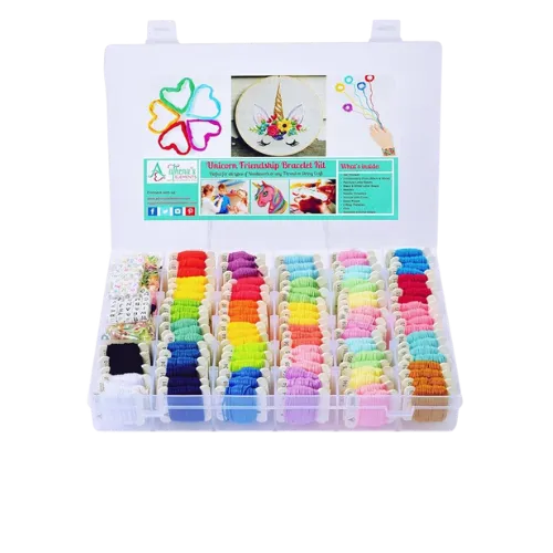 Colorful embroidery floss thread storage organizer box with categorized rainbow-sorted spools
