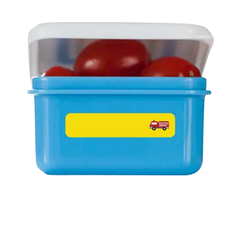 Blue plastic lunch container with clear lid holding fresh red tomatoes