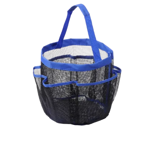 Blue and black mesh shower caddy with handles and compartments for toiletries