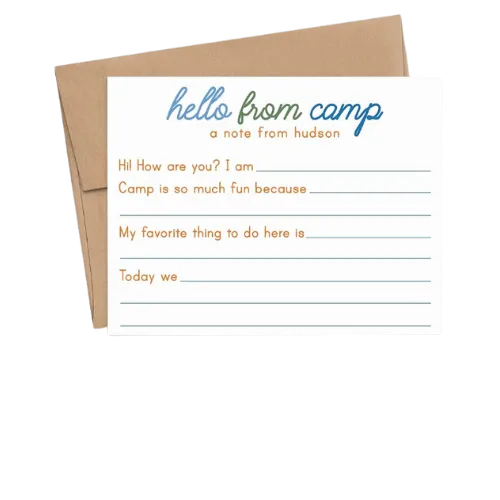 Hello from camp postcard template with fill-in-the-blank lines for campers to write messages.